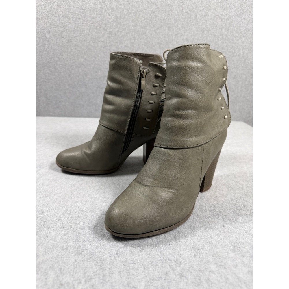 Taupe Gray Ankle Boots Corset Lace Up Back Women 8.5 Block Heel Boho Western
